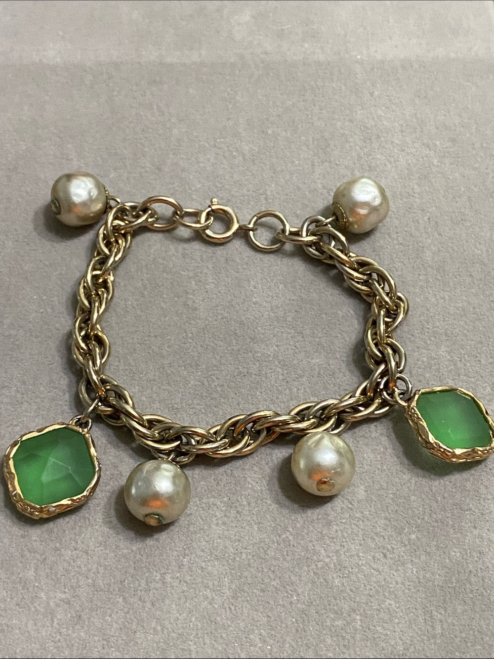 Gold Chain Charm Bracelet with Green Glass and Pearl Charms